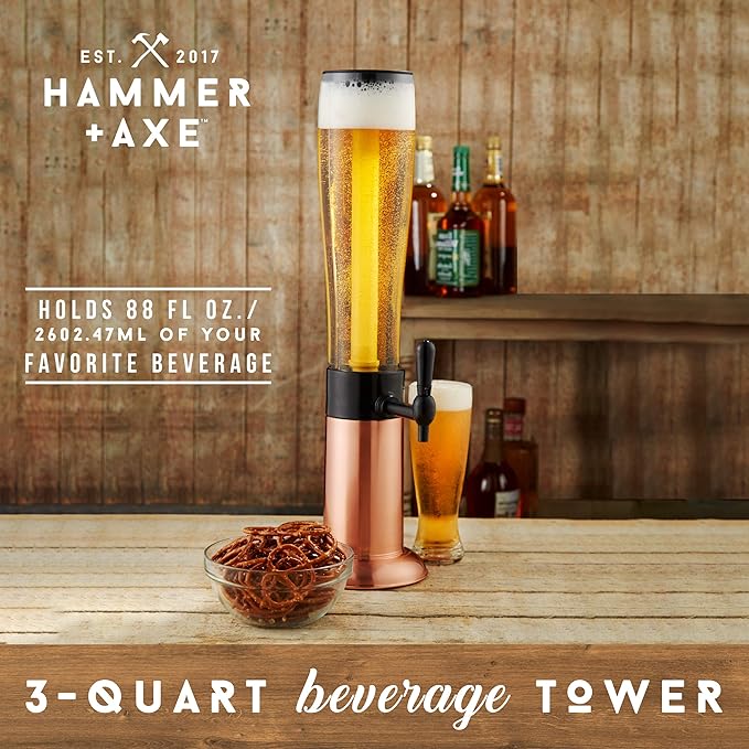 Hammer + Axe Beverage Dispenser – 88 oz Party Drink Dispenser with Ice Tube & Tap| Drink Fountain for Beer, Water, Iced Tea| Mimosa Tower| Margarita Tower| BBQ & Tailgate Essential| Home Bar Accessory