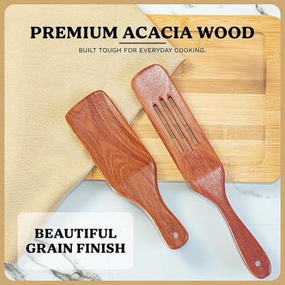 10Pcs Wooden Kitchen Utensil Set, Premium Natural Acacia Wood Cooking Utensils for Nonstick Cookware, Spoon Spatula Turner Ladle Skimmer Serving Tools