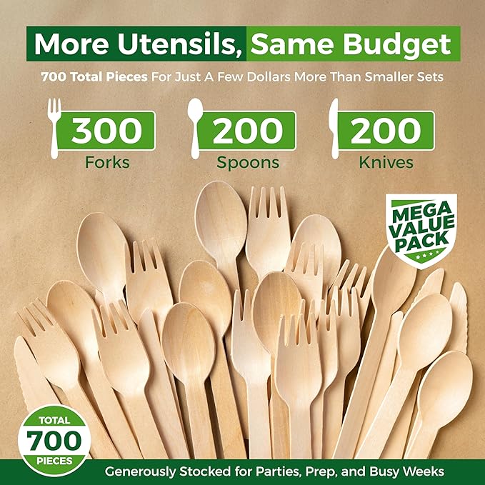 700 PCS Wooden Cutlery Set - 100% Compostable Silverware (300 Forks, 200 Spoons, 200 Knives) - Eco-Friendly Wooden Utensil Set & Disposable Party Utensils, Alternative to Bamboo Cutlery - Image 2