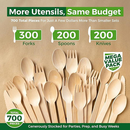 700 PCS Wooden Cutlery Set - 100% Compostable Silverware (300 Forks, 200 Spoons, 200 Knives) - Eco-Friendly Wooden Utensil Set & Disposable Party Utensils, Alternative to Bamboo Cutlery - Image 2