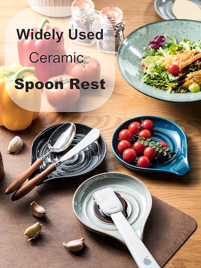 LAUCHUH Spoon Rest, Ceramic Spoon Holder for Stove Top 5" Spatula Rest for Countertop Large Cooking Utensil Holder for Mother's Day, Ladle, Spatula, Spoons or Tongs, Speckled Dark Gray