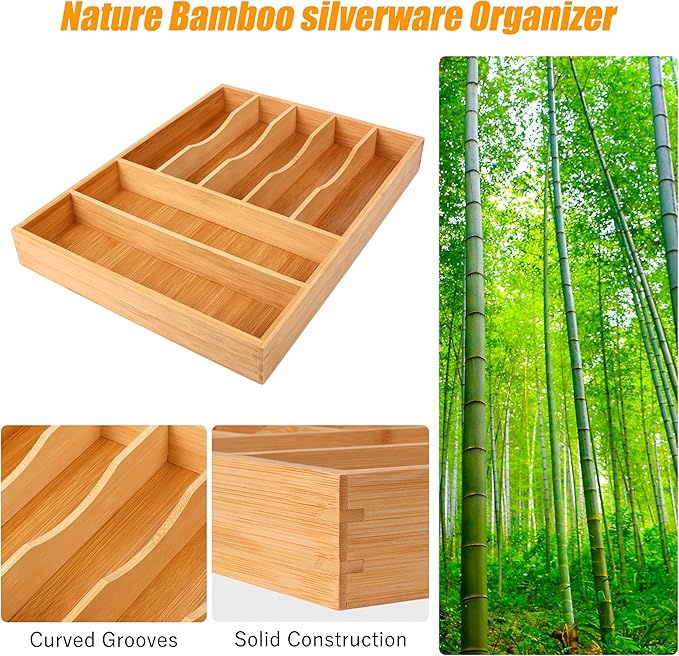 Bellsal Bamboo Silverware Drawer Organizer, Kitchen Utensil Drawer Organizers, 12"x15.7" Utensils Holder Cutlery Tray with Grooved Drawer Dividers for Kitchen Flatware Bedroom Office(7 Slot, Natural) - Image 5