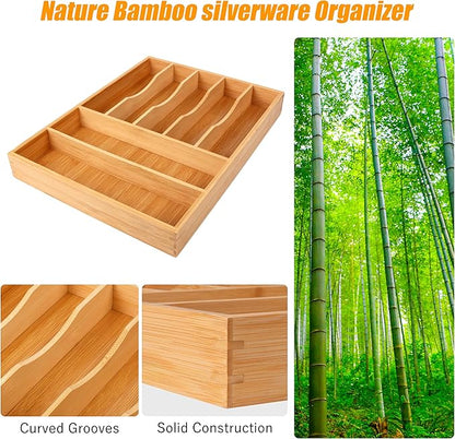 Bellsal Bamboo Silverware Drawer Organizer, Kitchen Utensil Drawer Organizers, 12"x15.7" Utensils Holder Cutlery Tray with Grooved Drawer Dividers for Kitchen Flatware Bedroom Office(7 Slot, Natural) - Image 5