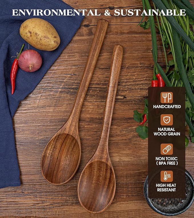 2PCS Wooden Spoons for Cooking, Natural Acacia Wood Cooking Spoons, Large Serving Spoons for Nonstick Cookware, Heat Resistant Durable Wooden Kitchen Utensils for Mixing Salad, Serving and Stirring - Image 5