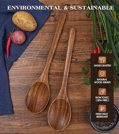 2PCS Wooden Spoons for Cooking, Natural Acacia Wood Cooking Spoons, Large Serving Spoons for Nonstick Cookware, Heat Resistant Durable Wooden Kitchen Utensils for Mixing Salad, Serving and Stirring - Image 5