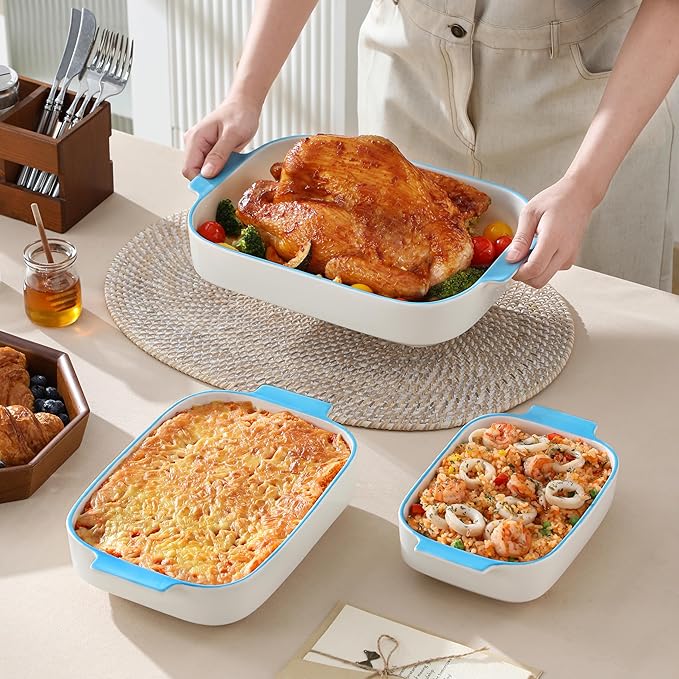 MALACASA Casserole Dishes for Oven, Ceramic Baking Dishes Set of 3, Rectangular Lasagna Pan Deep Baking Pans, Bakeware Sets with Handles Gift Set, White with Blue Trim(13.8''/11.7''/9.4''), Series BAKE - Image 5