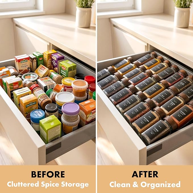 EDELHAUS® Square Spice Jars with Acacia Wooden Lid (Pack of 24) Spice Jars with Shaker Insert and 240 Labels - Acacia Lids Glass Container for Spice Organisation [4.3 in × 1.8 in] - Image 6
