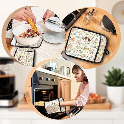 Beige Floral Botanical Pot Holders with Pockets, Rustic Cottagecore Flower Oven Pot Holders Heat Resistant Oven Mitts Hot Pads for Kitchen Baking Cooking