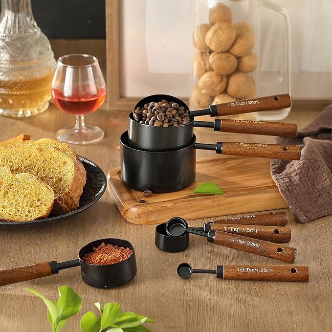 8PCS Measuring Cups and Spoons Set, DV Stainless Steel Measuring Cups with Ergonomic Wooden Handle for Cooking & Baking - Image 8