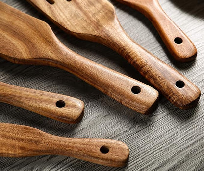 Wooden Spurtles Set with Holder, Natural Teak Kitchen Utensil Set of 6, Heat Resistant Non Stick Wood Cookware with Hanging Hole, Wood Spurtles Spatula Sets for Stirring, Mixing, Serving