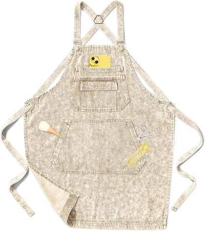 Denim Apron with Pockets for Hair Stylist Gardening Craftsmen Barista Women Hairdresser Jean Work Apron Cross Straps