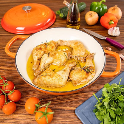 Shallow Cast Iron Casserole with Lid – Non Stick Dutch Oven Pot, Oven Safe up to 500° F – Sturdy Ovenproof Stockpot Cookware – Enamelled Cooking Pot – Orange, 3.7-Quart, 30cm – by Nuovva