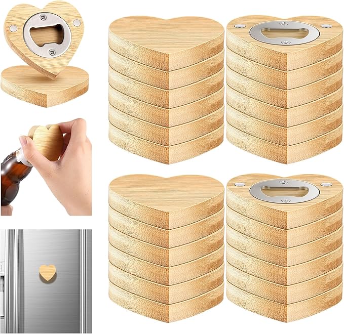 Vesici 50 Pcs Magnetic Bottle Opener 2.5in DIY Bamboo Heart Shape Beer Openers Wooden Fridge Magnet Refrigerator Sticker Gift for Beer Lover Wedding Guest Kitchens Bars Parties by Vesici