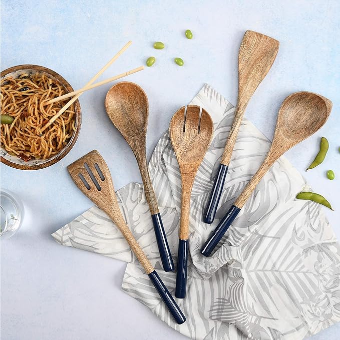 Folkulture Wooden Spoons for Cooking | 12" Premium Acacia Wooden Utensil Set of 5 - Smooth Finish, Soft Comfort Cooking Utensils Set for Kitchen, Gifts | Non Stick Wooden Cooking Utensils Set of 5