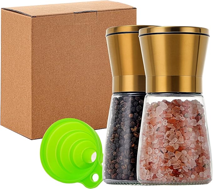 DAVIMADE Premium 2pk Gold Salt and Pepper Grinder Set, Manual Grinder Adjustable Coarseness Ceramic Blades, Bonus Silicone Funnel-Short Gold Kitchen Accessories