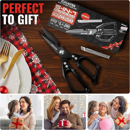 5-in-1 Multifunctional Heavy-Duty Korean Kitchen Scissors with Tweezer, Black All Purpose Shears with Titanium Coated Stainless Steel Blades, Bone Cutting scissors for Meat, Fish, Vegetables