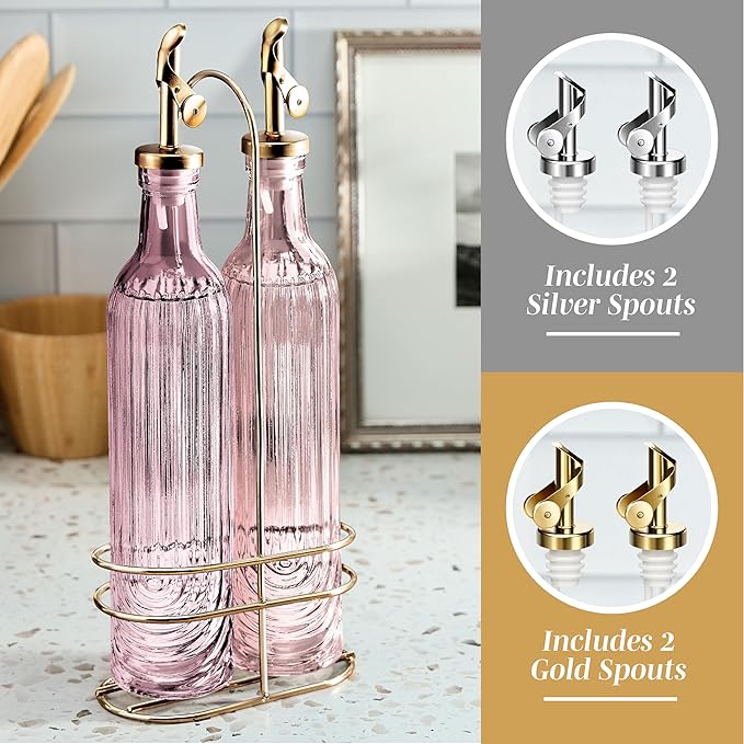 COOK WITH COLOR Glass Olive Oil Bottle Dispenser - 2 Pack- 17oz Oil and Vinegar Cruet - Olive Oil Carafe Decanter for Kitchen, Elegant Fluted, Pink - Image 4