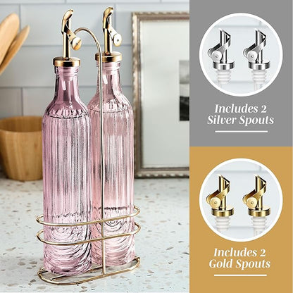 COOK WITH COLOR Glass Olive Oil Bottle Dispenser - 2 Pack- 17oz Oil and Vinegar Cruet - Olive Oil Carafe Decanter for Kitchen, Elegant Fluted, Pink - Image 4