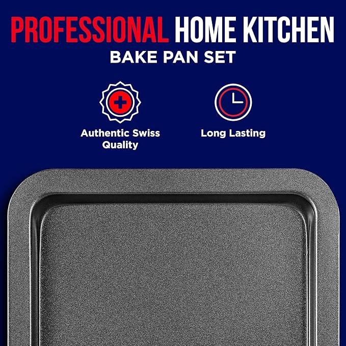 3 Piece Set Nonstick Carbon Steel Oven Bakeware -Professional Quality Kitchen Cooking Baking Trays -PFOA, PFOS, PTFE-Free Small, Medium & Large Baking Sheet Pans - Image 3