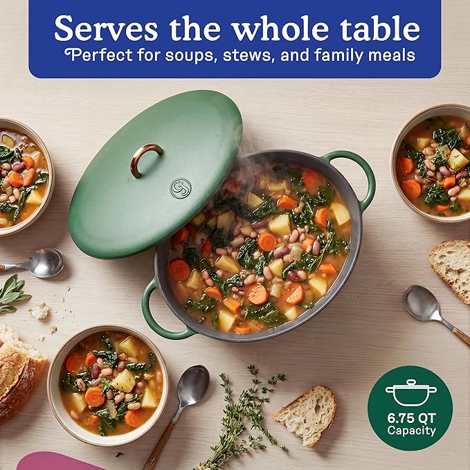 Great Jones Dutchess Cast Iron Dutch Oven Pot With Lid (Broccoli) - Large 6.75 Quart Size, Dual Handles - All Stovetop Safe - 500° Dutch Oven For Bread Baking | Dishwasher Friendly