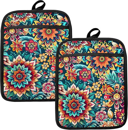 Vibrant Mandala Floral Pot Holders for Kitchen, Boho Abstract Colorful Ethnic Flower Botanical Heat Resistant Hot Pads and Oven Mitts for Baking Cooking by HUGANE