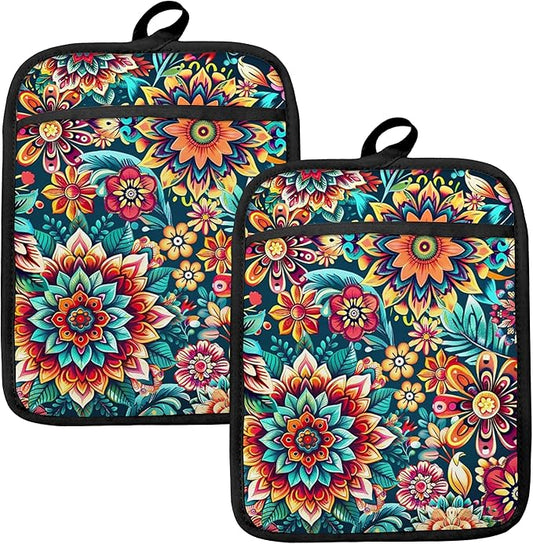 Vibrant Mandala Floral Pot Holders for Kitchen, Boho Abstract Colorful Ethnic Flower Botanical Heat Resistant Hot Pads and Oven Mitts for Baking Cooking by HUGANE