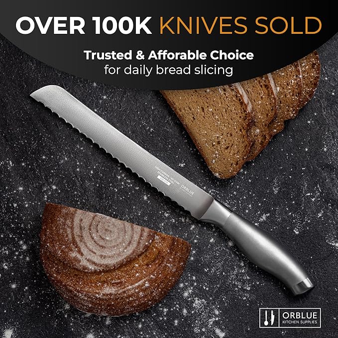Orblue Serrated Bread Knife with Upgraded Stainless Steel Razor Sharp Wavy Edge - Bread Cutter Ideal for Slicing Homemade Bagels, Cake (8-Inch Blade with 5-Inch Handle)
