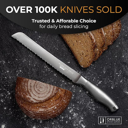 Orblue Serrated Bread Knife with Upgraded Stainless Steel Razor Sharp Wavy Edge - Bread Cutter Ideal for Slicing Homemade Bagels, Cake (8-Inch Blade with 5-Inch Handle)