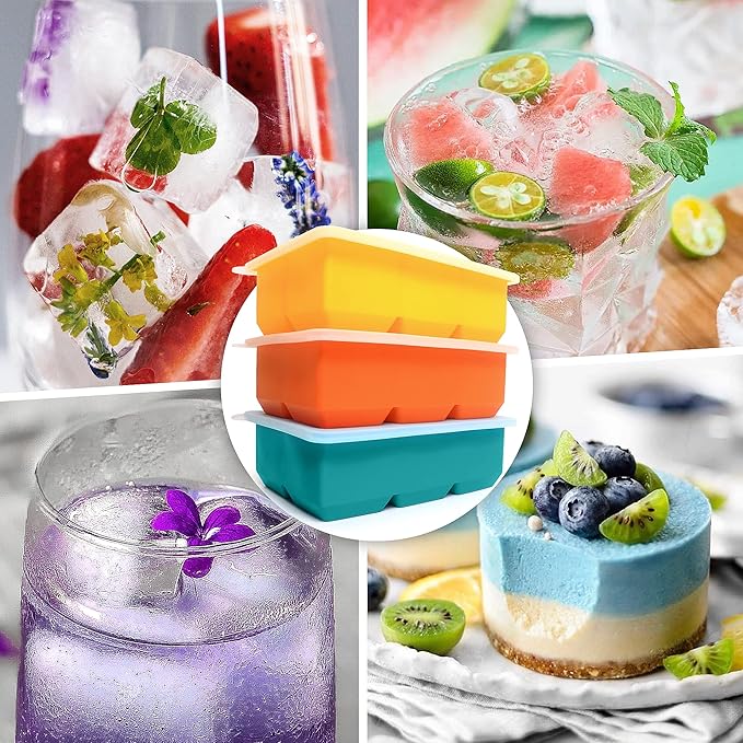 Excnorm Silicone Ice Cube Trays 3 Pack - Large Size Silicone Ice Cube Molds with Leak Proof Removable Lid Square Ice Cube Tray And BPA Free for Cocktail,Whiskey, Stackable Flexible Ice - Image 2