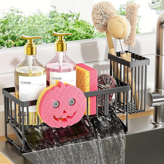 Sponge Holder for Kitchen Sink,Smiley Face Sink Caddy with Removable Brush Holder,Self-Draining Sponge Caddy for Sponge,Soap,Dish Brush,Scrubber,Kitchen Essentials and Gadgets by CISILYHOMELIFE