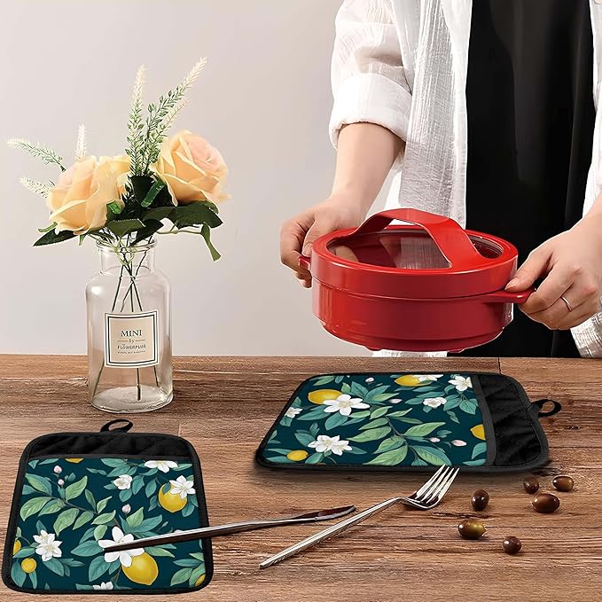 Dark Green Lemon Floral Pot Holders with Pockets, Rustic Botanical Lemon Fruit Oven Pot Holders Heat Resistant Oven Mitts Hot Pads for Kitchen Baking Cooking