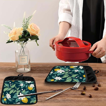 Dark Green Lemon Floral Pot Holders with Pockets, Rustic Botanical Lemon Fruit Oven Pot Holders Heat Resistant Oven Mitts Hot Pads for Kitchen Baking Cooking
