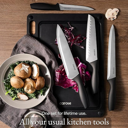 CAROTE Knife Set, 11 Pcs Kitchen Knives with 5 Blade Guards & Non-Slip Cutting Board, Rustproof Stainless Steel 5 Kitchen Knife Set, Plain Black - Image 7