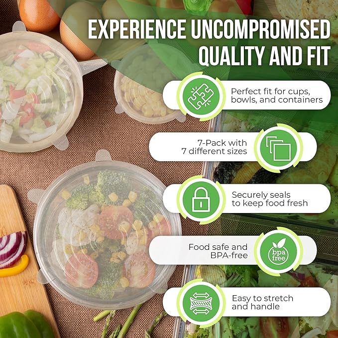 Reusable Silicone Stretch Lids for Food Storage in Fridge - Elastic Heat-Resistant Bowl Covers, Cups, Cans, Jars - Universal Food Grade Lid for Round and Rectangle Containers - Dishwasher Safe -7 Pack - Image 3