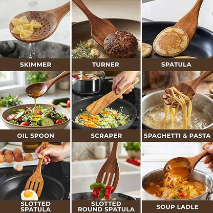 Wooden Spoons for Cooking – 13 Pcs Premium Teak Wooden Utensil Set - Durable, Safe for Nonstick Cookware, Easy to Clean & Heat Resistant Kitchen Utensils Set Wood with Ergonomic Handles - Image 8
