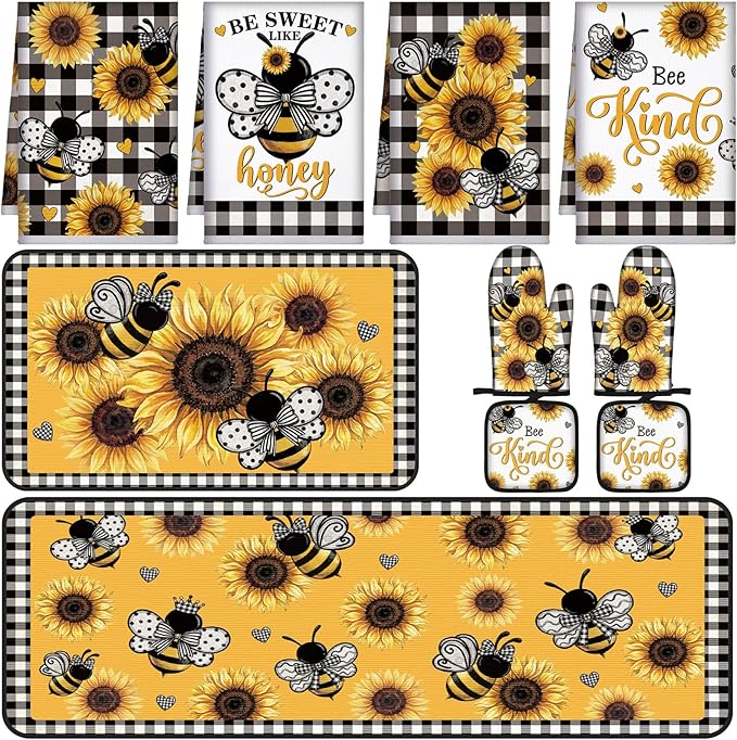 Fourluoo 10 Pcs Bee Kitchen Decor Set Kitchen Towels Rugs Oven Mitts and Pot Holders for Bee Festival Cooking Baking Grilling Gift