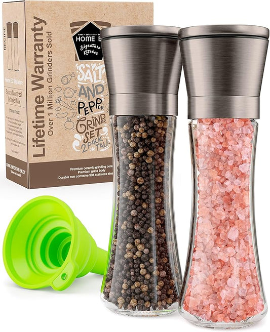 Home EC Original Gun Metal Bronze Salt and Pepper Grinder Set of 2 - Adjustable Ceramic Grinder - Tall Glass Salt and Pepper Shakers With Funnel and Ebook - Spice Mill - Bronze Kitchen Accessories by HOMEEC