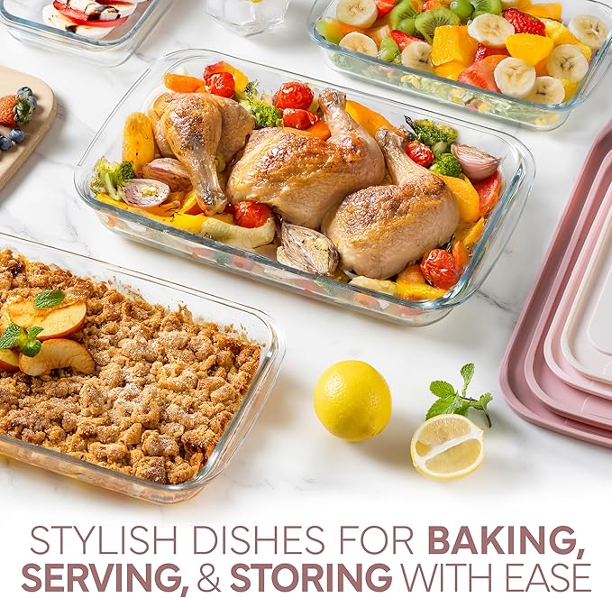 COOK WITH COLOR 8 PC. Glass Baking Dish Set with Lids - Deep Casserole Dish, Glass Food Container, Oven, Freezer and Microwave Safe, Clear Container, Pink - Image 2