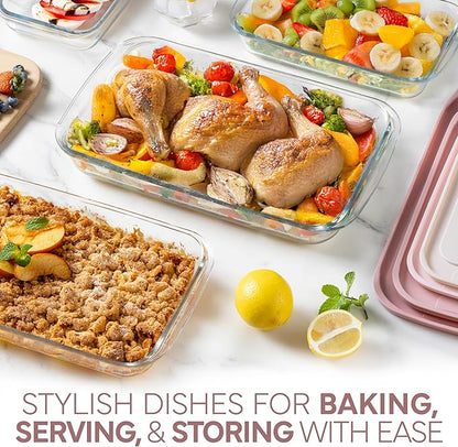 COOK WITH COLOR 8 PC. Glass Baking Dish Set with Lids - Deep Casserole Dish, Glass Food Container, Oven, Freezer and Microwave Safe, Clear Container, Pink - Image 2