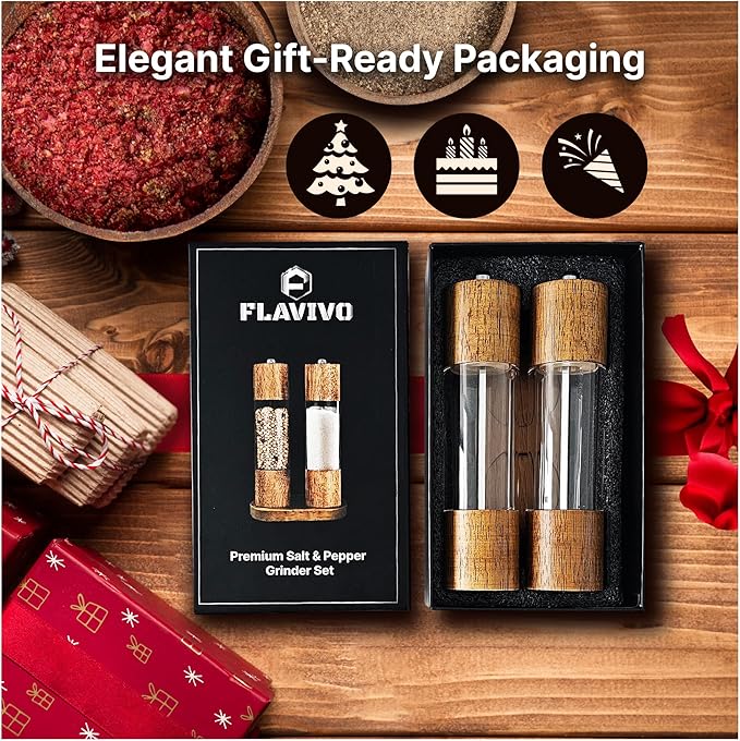 Wooden Salt and Pepper Grinder Set, Manual Premium Acrylic Salt and pepper Mills with Adjustable Ceramic Core and Wooden Stand, 8-Inch Refillable Giftable Shakers (2 Pieces with Tray) - Image 6
