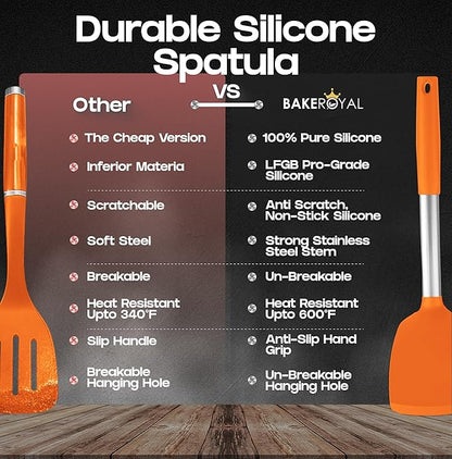 BakeRoyal Silicone Spatula Set - Turner Spatulas Silicone Heat Resistant 600°F - Slotted & Solid Silicone Spatulas for Cooking Fish, Eggs, Pancakes Flipper – Silicone Cooking Utensils Set – Orange - Image 5