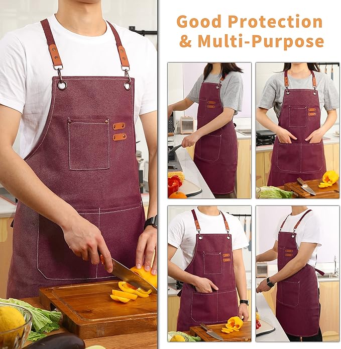 Tosewever Canvas Cross Back Chef Cotton Aprons for Men Women with Large Pockets - Image 6