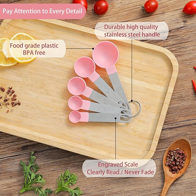Measuring Cups and Spoons Set of Huygens Kitchen Gadgets 10 Pieces, Stackable Stainless Steel Handle Measuring Cups for Measuring Dry and Liquid Ingredient (Pink) - Image 3