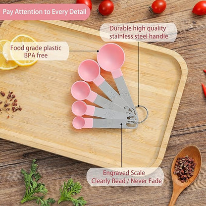 Measuring Cups and Spoons Set of Huygens Kitchen Gadgets 10 Pieces, Stackable Stainless Steel Handle Measuring Cups for Measuring Dry and Liquid Ingredient (Pink) - Image 3