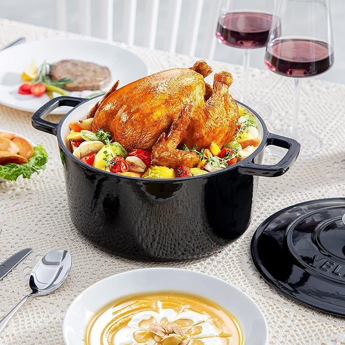 Velaze 6 QT Enameled Cast Iron Dutch Oven, Dual Handles Dutch Oven Pot with Lid,Heavy-Duty Non-stick Round Dutch Oven for Bread Baking, Stewing, Roasting, Good Sealing for All Heat Source (BLACK) - Image 7