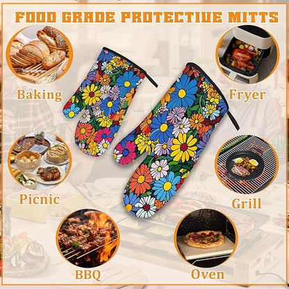 Abstract Hippie Flower Oven Mitts and Pot Holders,Heat Resistant Oven Mitts Gloves and Pot Holder for Home Kitchen Decorations Cooking Baking BBQ Gifts,Set of 4