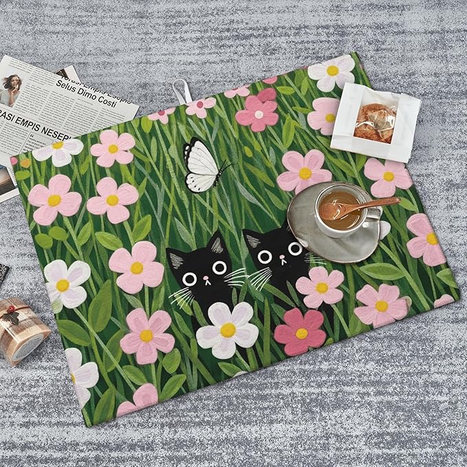 Pink Floral Cat Dish Drying Mat for Kitchen Counter, 18"x24" Microfiber Absorbent Fast Dry Mat, 2Pcs Dish Mat Faucet Mats Sets, Large Drying Kitchen Mat Kitchen Drying Pad Coffee Bar Decor Gifts