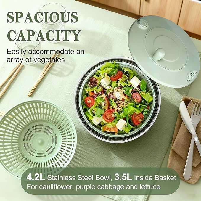 Unokit Stainless Steel Salad Spinner - Large Spinner with Non-Slip Base and 5 Blade Slicers, Dishwasher Safe Lettuce Spinner for Efficient Salad Preparation and Food Washing in Kitchen - Image 7
