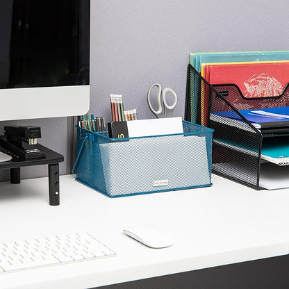 Mind Reader Multi-purpose Storage Caddy with Handle, Desktop Organizer, Cutlery Holder, 4 Compartments, Metal Mesh, Turquoise - Image 6