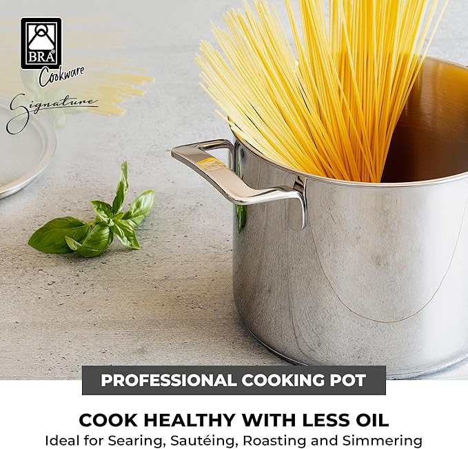 BRA COOKWARE Signature Stainless Steel Stock Pot w/Glass Lid | 9.5 Inch 9 Quart Professional Grade Cooking Pot | PFOA Free Deep Pot | All Cooktops | All Cooktops (incl. Induction) & Oven Safe